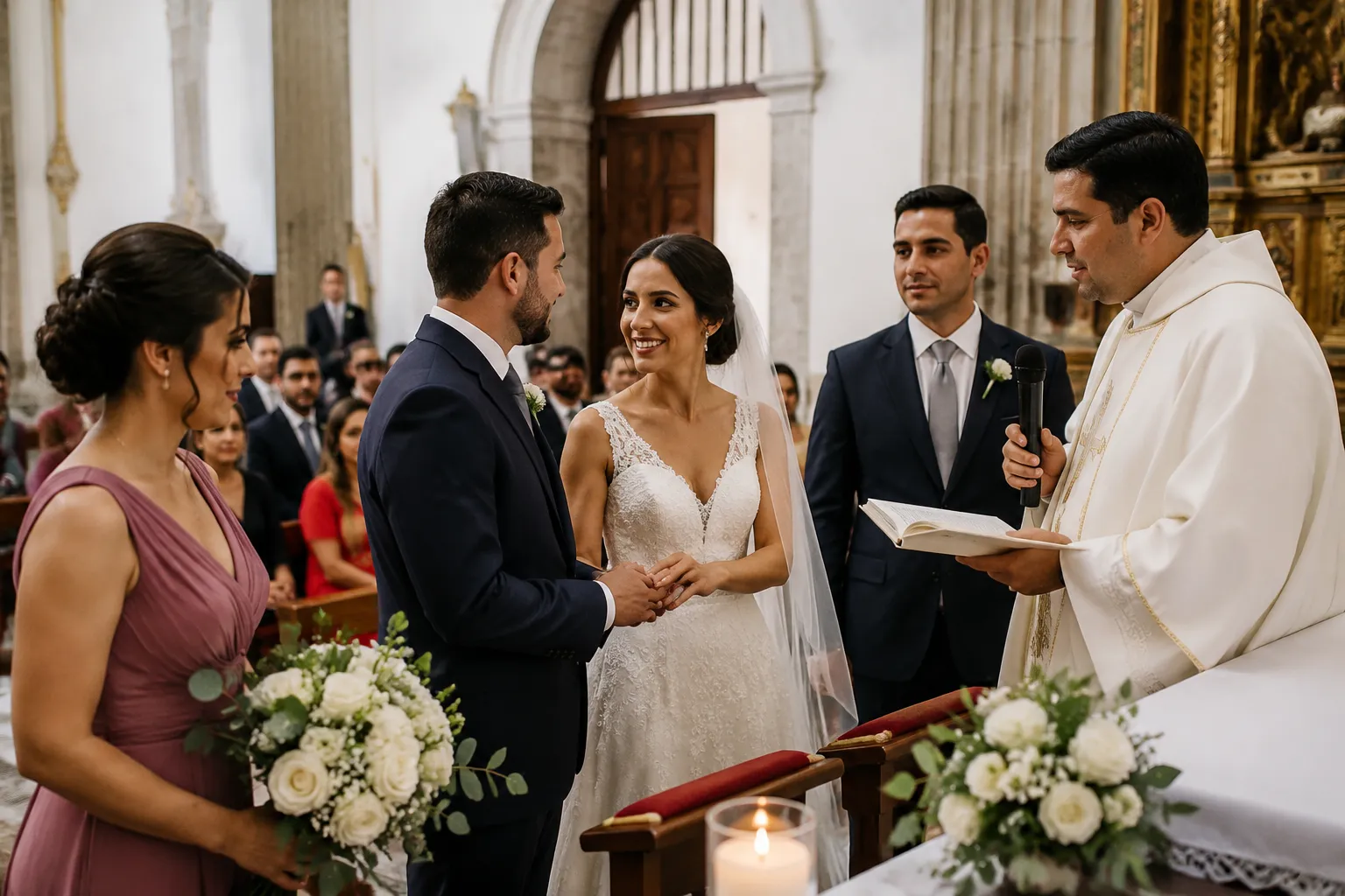 Colombian Catholic wedding participants gathered inside a church