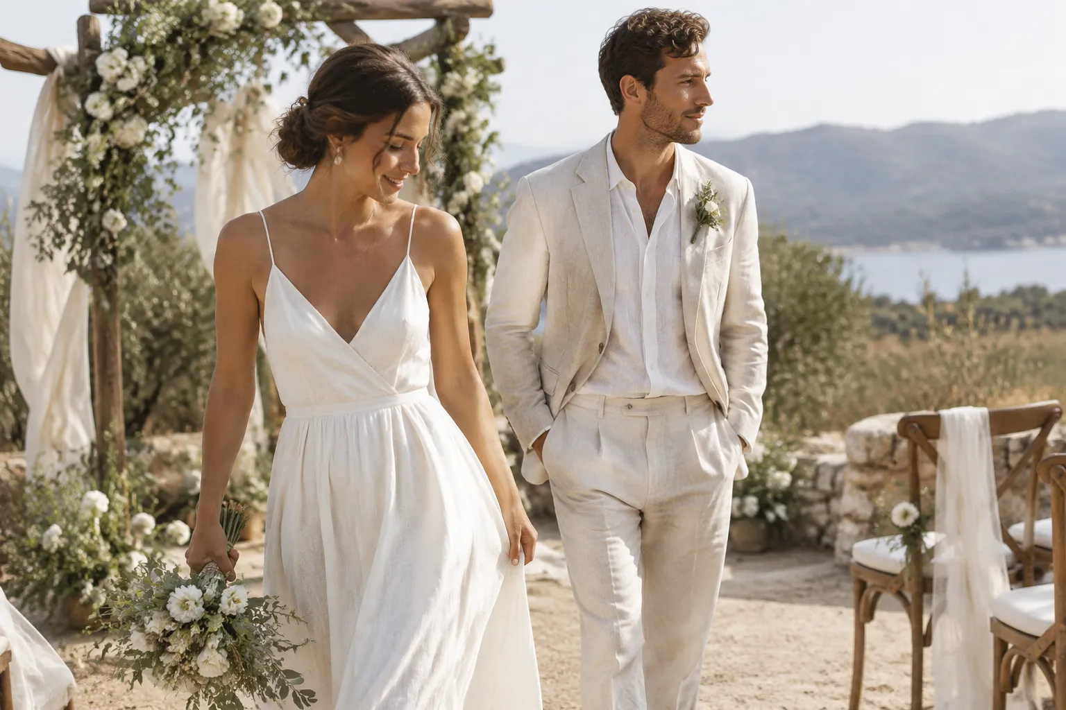 Breathable wedding clothing and light layers arranged for a warm outdoor ceremony