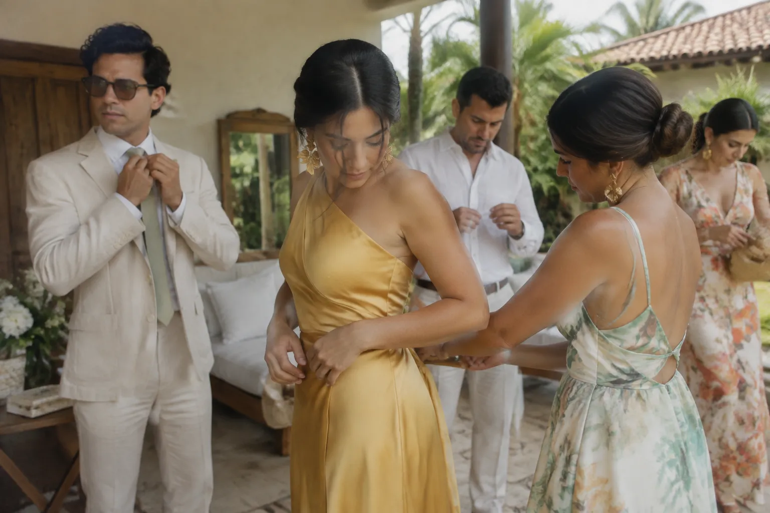 Wedding guests choosing polished attire for a Colombian wedding