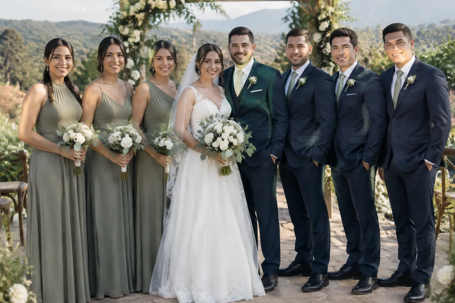 Wedding couple and attendants coordinating attire for ceremony photographs
