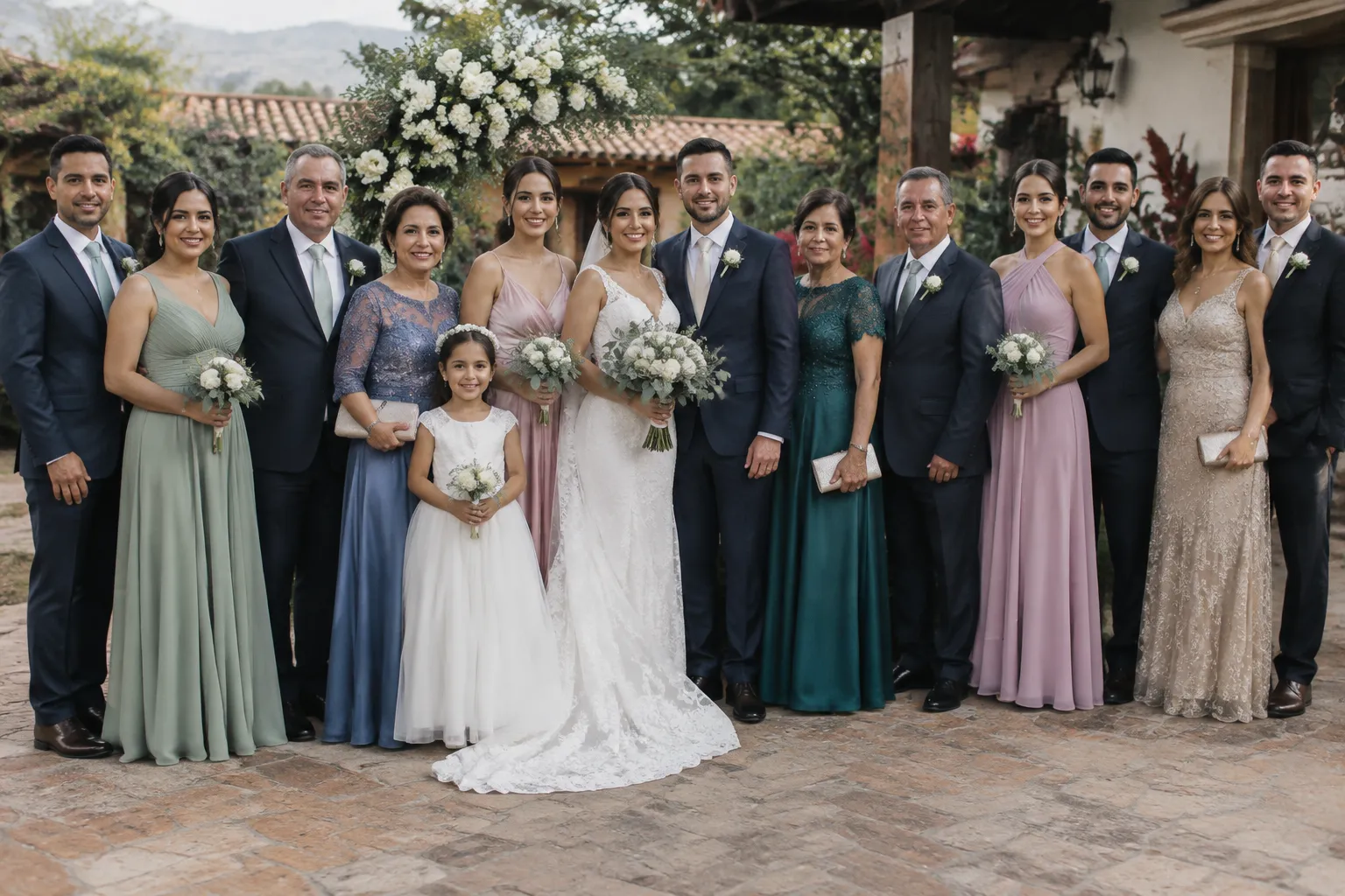 Extended family and wedding party gathered for formal photographs