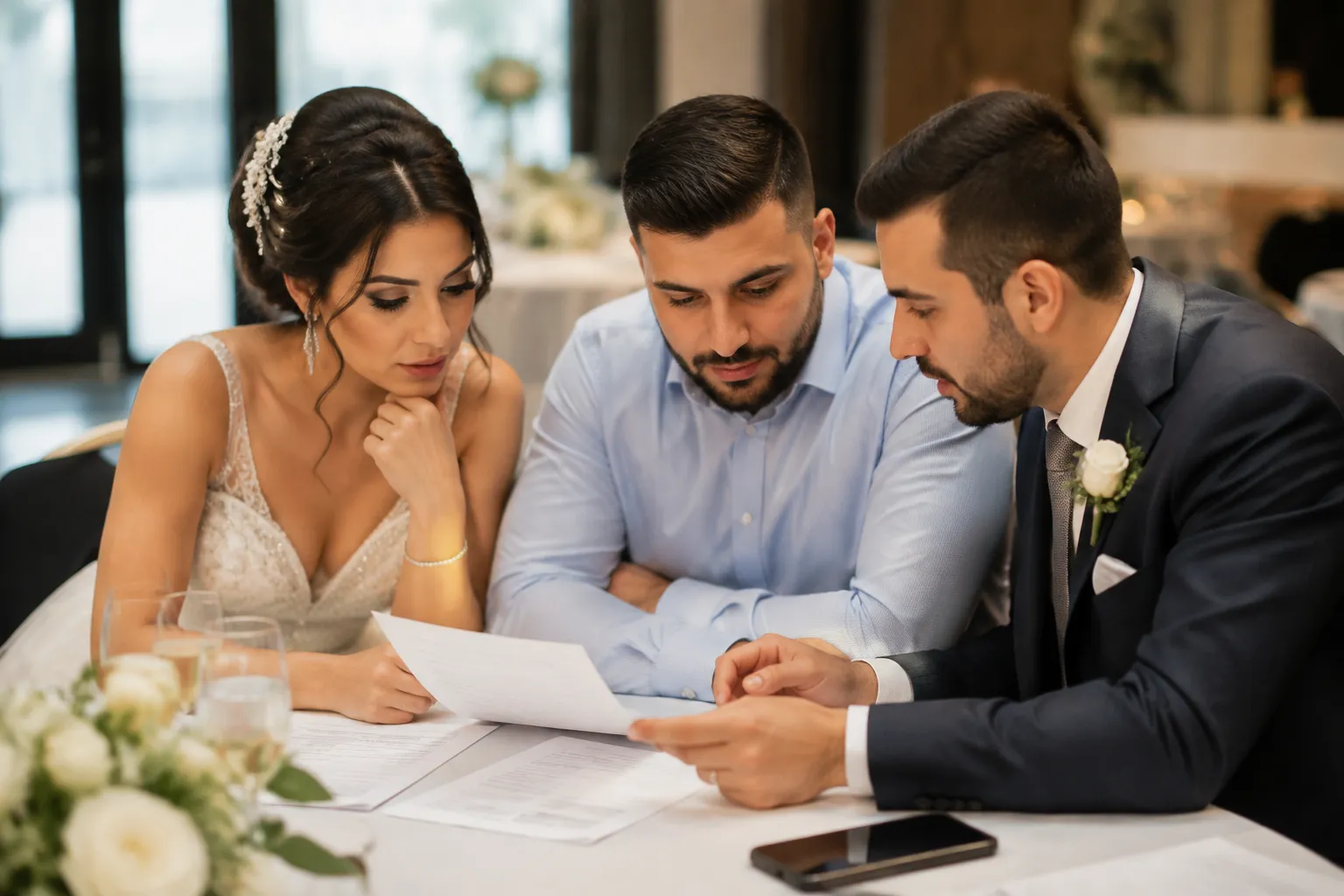 Couple and wedding witness reviewing ceremony instructions together