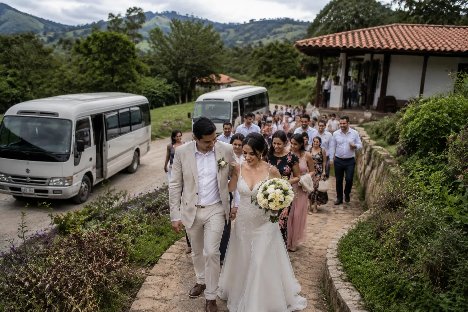 Couple and guests moving between a wedding ceremony and reception location