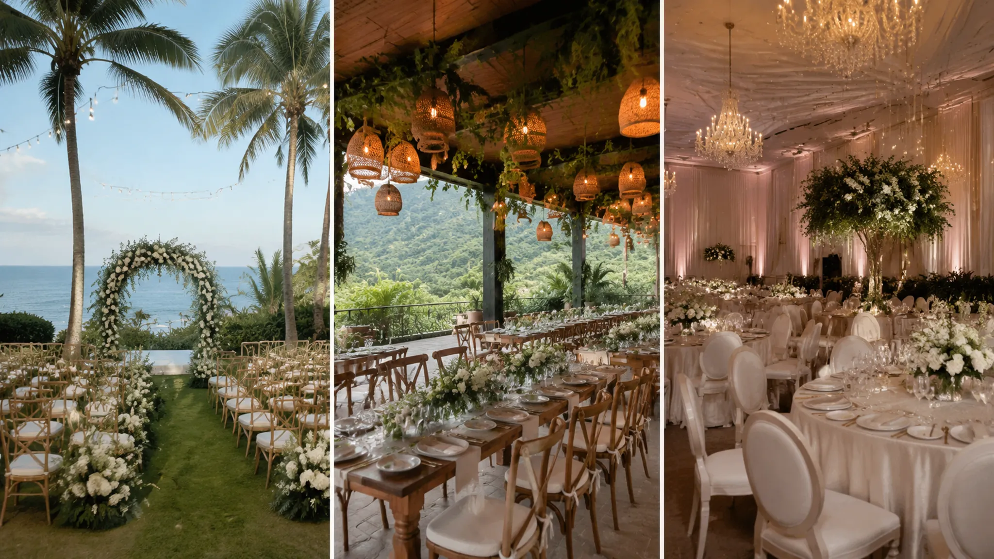 Wedding venue comparison showing outdoor, covered, and indoor event formats
