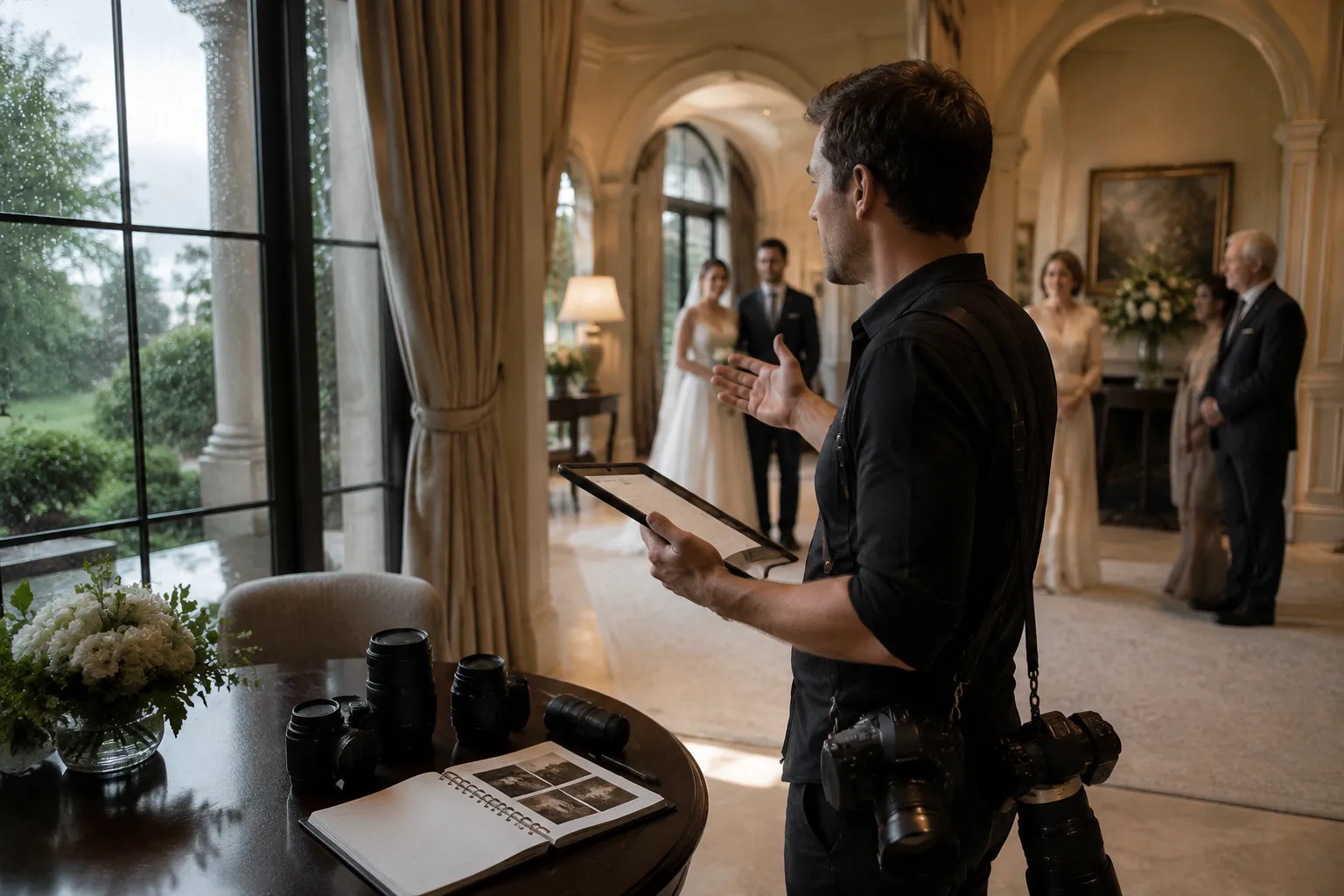 Wedding photographer planning indoor couple portraits and family photographs for rainy conditions