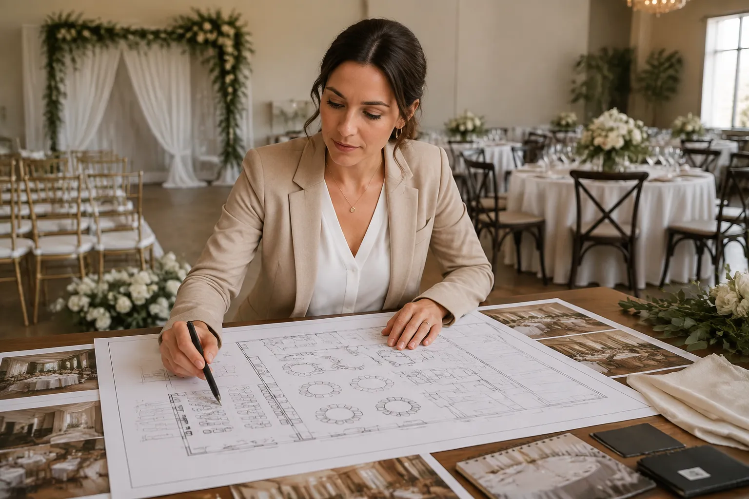 Wedding planner reviewing an indoor alternate venue layout with ceremony and reception seating