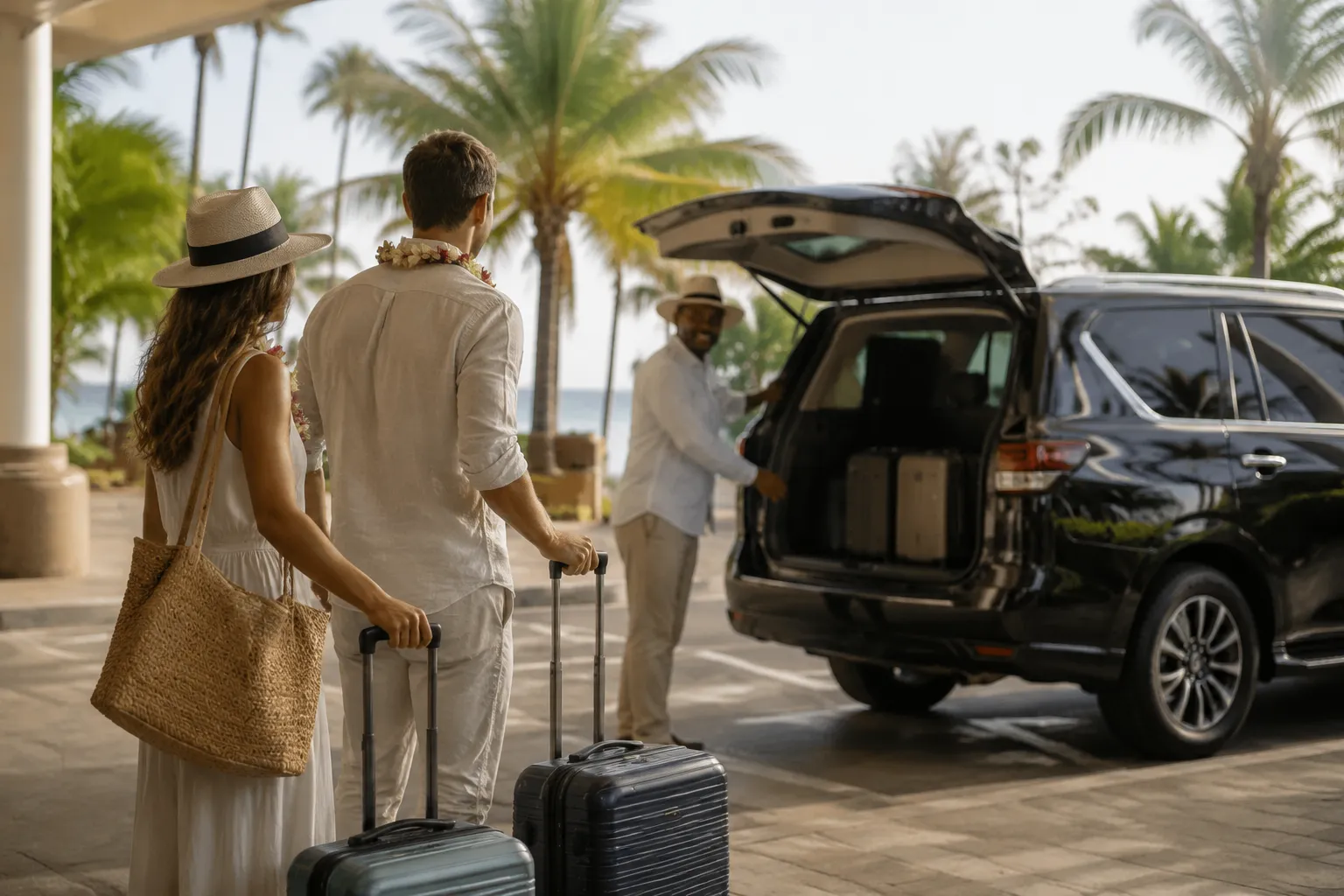 Wedding guest arrival route connecting an airport, accommodation, and venue