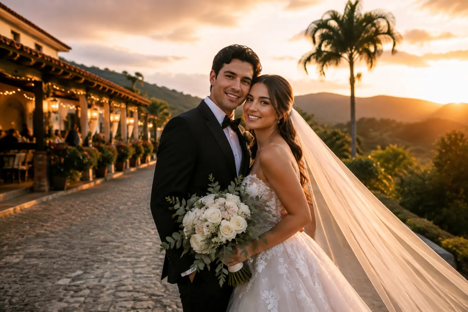 Golden-hour wedding portraits planned around sunset and reception timing