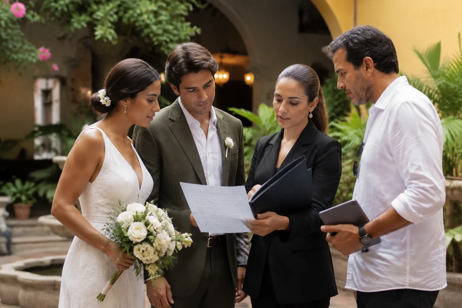 Family wedding participants reviewing final ceremony-day coordination details