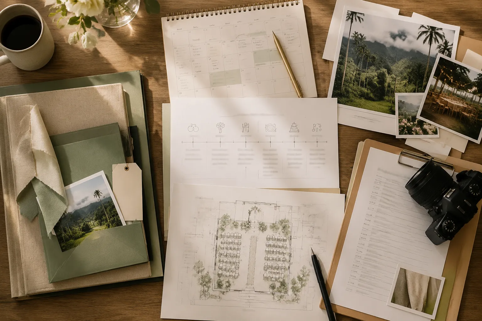 Wedding planner organizing a ceremony timeline, venue notes, and document checklist on a table