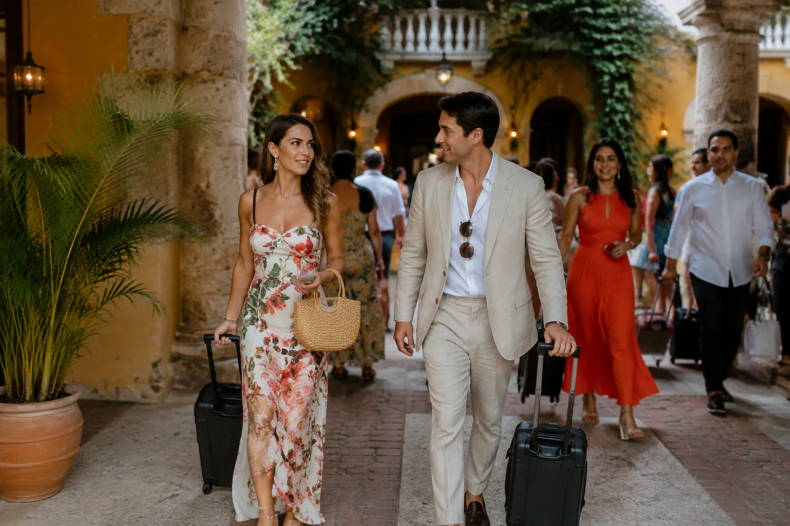 Guests moving between wedding weekend events in Colombia