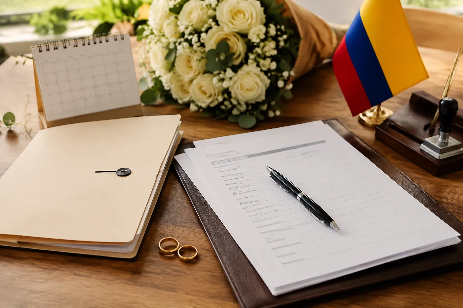 Wedding planning documents and appointment notes for a notary office process