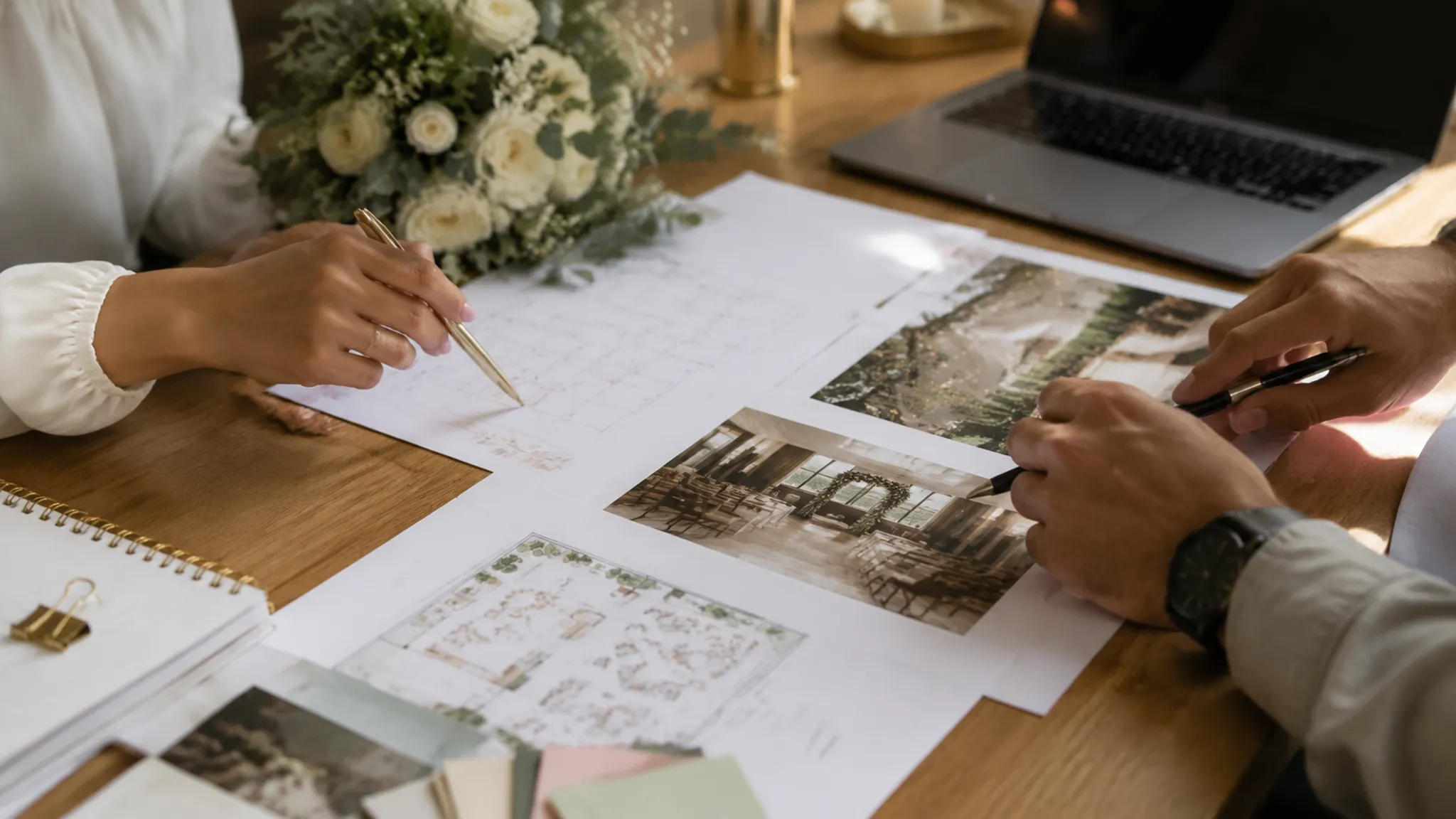 Wedding planning notes connecting a civil appointment, venue schedule, and reception logistics