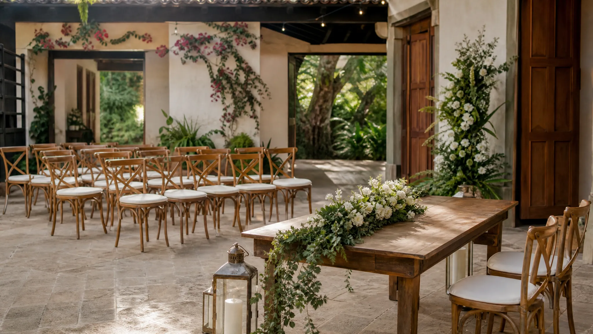 Outdoor wedding ceremony setting with seating and space for civil ceremony planning